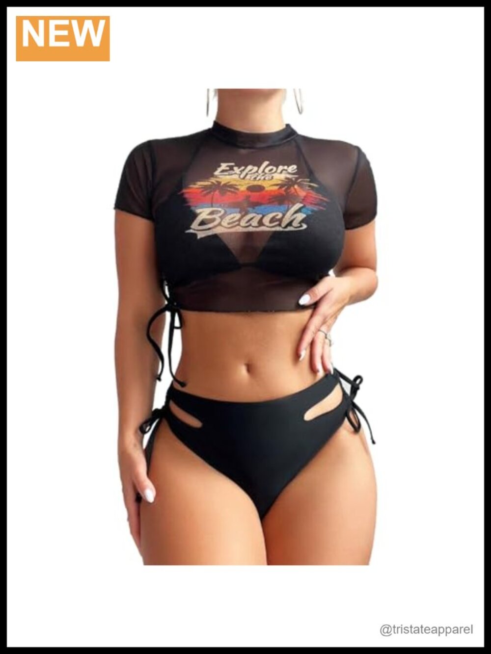 Women's 3 Piece Halter String Bikini Set Mesh Short Sleeve Swim Suit